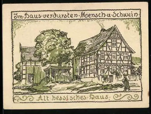 Notgeld Röhrigshof / Werra, 50 Pfennig, Alt hessisches Haus, Ortsansicht