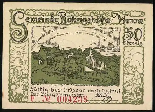 Notgeld Röhrigshof / Werra, 50 Pfennig, Alt hessisches Haus, Ortsansicht