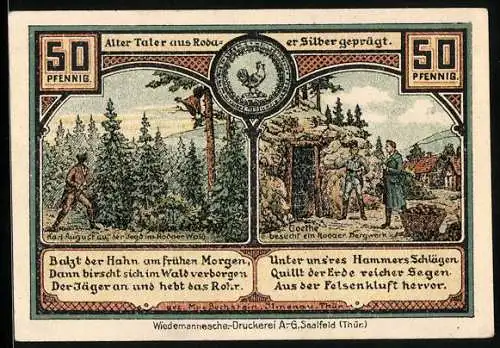 Notgeld Roda 1921, 50 Pfennig, Karl August auf der Jagd, Goethe am Bergwerk