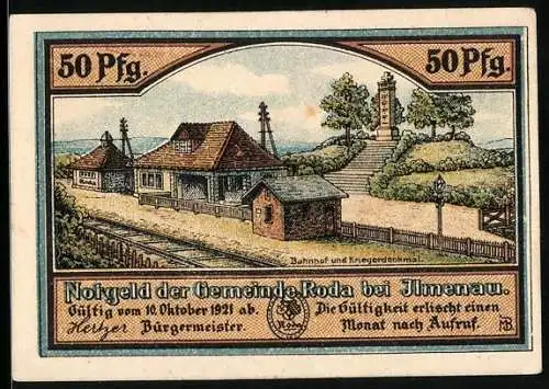 Notgeld Roda 1921, 50 Pfennig, Bahnhof und Kriegerdenkmal, Tonwaren- und Glasindustrie