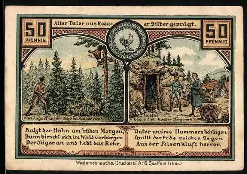 Notgeld Roda 1921, 50 Pfennig, Goethe am Bergwerk, Bergmann und Schmied