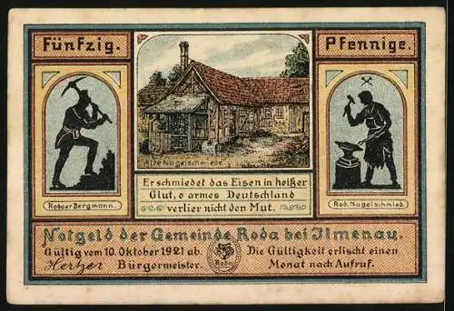 Notgeld Roda 1921, 50 Pfennig, Goethe am Bergwerk, Bergmann und Schmied