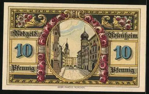 Notgeld Rosenheim 1921, 10 Pfennig, Stadtwappen, Strassenpartie