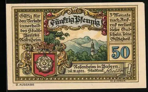 Notgeld Rosenheim 1921, 50 Pfennig, Stadtwappen, Museum