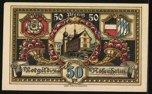 Notgeld Rosenheim 1921, 50 Pfennig, Stadtwappen, Museum