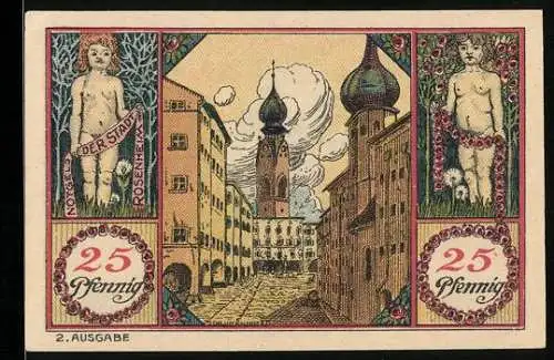 Notgeld Rosenheim 1921, 25 Pfennig, Strassenpartie zur Kirche, Säulengang