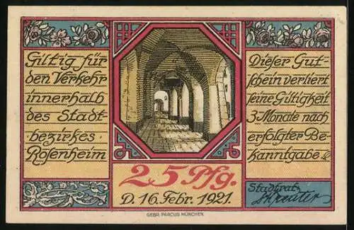 Notgeld Rosenheim 1921, 25 Pfennig, Strassenpartie zur Kirche, Säulengang