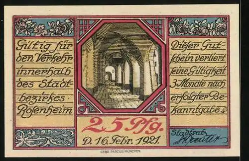 Notgeld Rosenheim 1921, 25 Pfennig, Blick zur Kirche, Säulengang