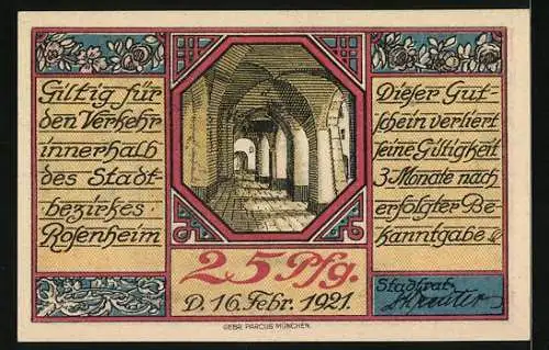 Notgeld Rosenheim 1921, 25 Pfennig, Strassenpartie, Säulengang