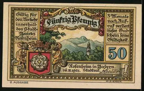 Notgeld Rosenheim 1921, 50 Pfennig, Museum, Stadtwappen, Ortsansicht gegen die Berge