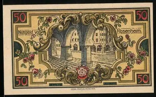 Notgeld Rosenheim 1921, 50 Pfennig, Säulengang, Geistlicher mit Bibel
