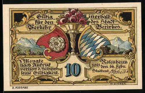 Notgeld Rosenheim 1921, 10 Pfennig, Stadtwappen, Rosenstrauss, Strassenpartie
