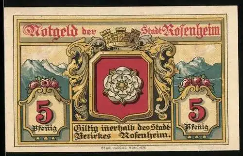 Notgeld Rosenheim 1921, 5 Pfennig, Stadtwappen mit Krone, Säulengang