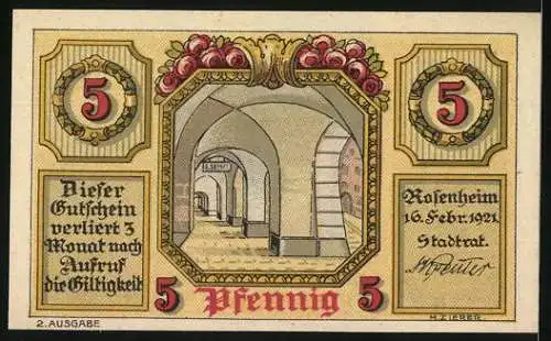 Notgeld Rosenheim 1921, 5 Pfennig, Stadtwappen mit Krone, Säulengang