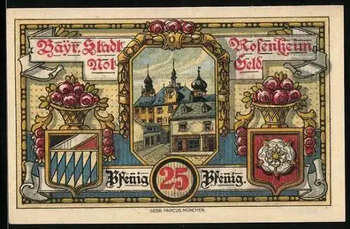 Notgeld Rosenheim 1921, 25 Pfennig, Ortspartie, Stadtwappen, Kind mit Rosen