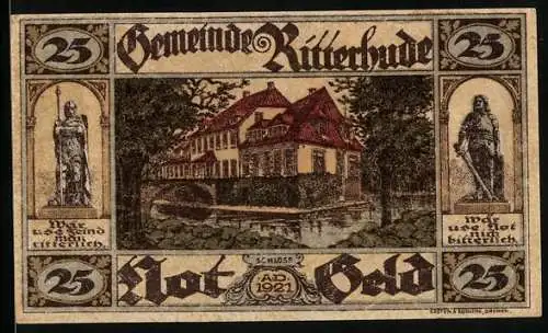 Notgeld Ritterhude 1921, 25 Pfennig, Schloss, Ritter in Rüstung mit Schild und Schwert