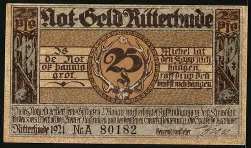 Notgeld Ritterhude 1921, 25 Pfennig, Schloss, Ritter in Rüstung mit Schild und Schwert