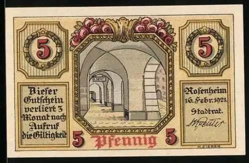 Notgeld Rosenheim 1921, 5 Pfennig, Säulengang, Stadtwappen, Berge