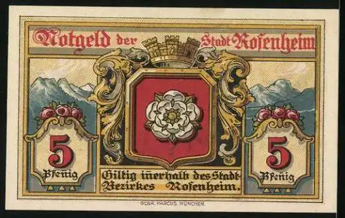 Notgeld Rosenheim 1921, 5 Pfennig, Säulengang, Stadtwappen, Berge