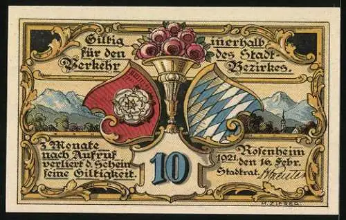 Notgeld Rosenheim 1921, 10 Pfennig, Strassenpartie mit Blick zur Kirche, Stadtwappen