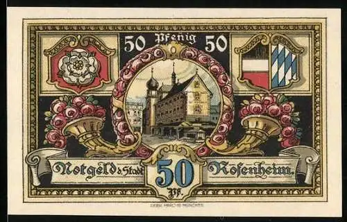Notgeld Rosenheim 1921, 50 Pfennig, Stadtwappen, Museum, Kirchturm
