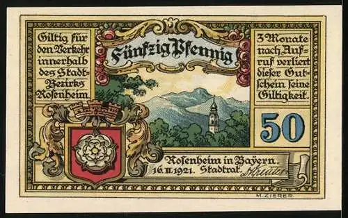 Notgeld Rosenheim 1921, 50 Pfennig, Stadtwappen, Museum, Kirchturm