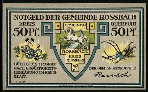 Notgeld Rossbach, 50 Pfennig, Stadtwappen, Hauptquartier Friedrichs des Grossen