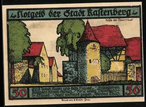 Notgeld Rastenberg 1921, 50 Pfennig, Reste der Stadtmauer, Stadtwappen