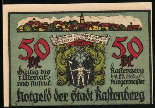 Notgeld Rastenberg 1921, 50 Pfennig, Stadtwappen, Vorderansicht vom Rathaus