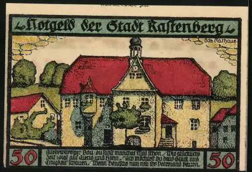 Notgeld Rastenberg 1921, 50 Pfennig, Stadtwappen, Vorderansicht vom Rathaus