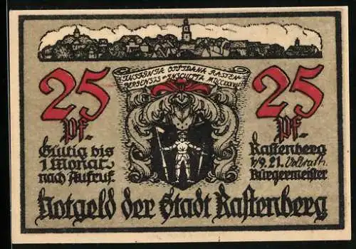 Notgeld Rastenberg 1921, 25 Pfennig, Stadtwappen, Ansicht vom Wohnhaus