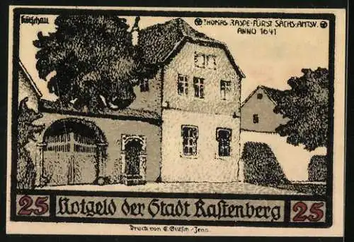 Notgeld Rastenberg 1921, 25 Pfennig, Stadtwappen, Ansicht vom Wohnhaus
