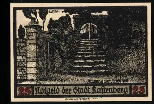 Notgeld Rastenberg 1921, 25 Pfennig, Aufgang zum Friedhof, Stadtwappen