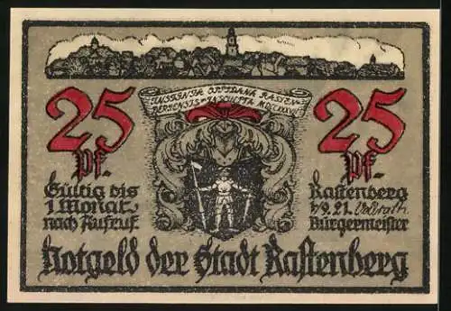 Notgeld Rastenberg 1921, 25 Pfennig, Aufgang zum Friedhof, Stadtwappen