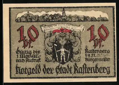 Notgeld Rastenberg 1921, 10 Pfennig, Stadtwappen, Hauseingang Thomas Raspe