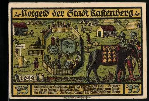 Notgeld Rastenberg 1921, 75 Pfennig, Ansicht vom Hof, Stadtwappen