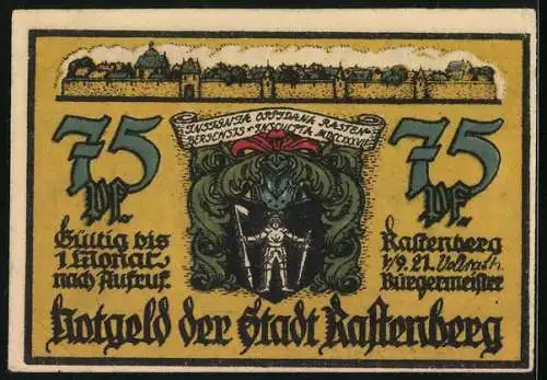 Notgeld Rastenberg 1921, 75 Pfennig, Ansicht vom Hof, Stadtwappen