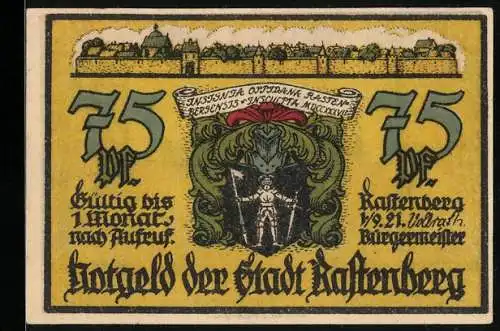 Notgeld Rastenberg 1921, 75 Pfennig, Stadtwappen, Raspenburg