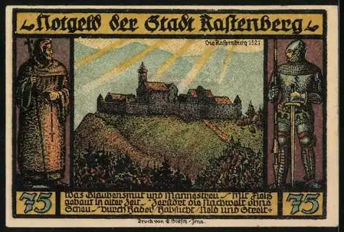 Notgeld Rastenberg 1921, 75 Pfennig, Stadtwappen, Raspenburg