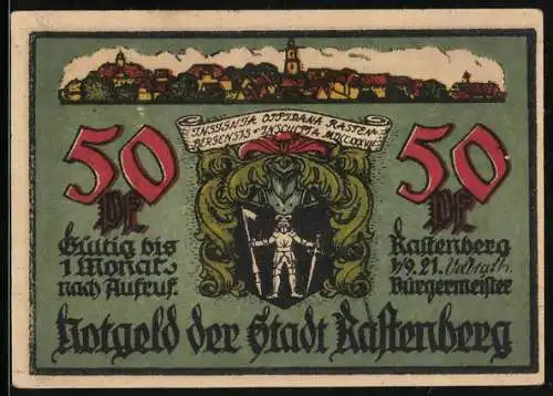Notgeld Rastenberg 1921, 50 Pfennig, Stadtwappen mit Ritter, Reste der Stadtmauer