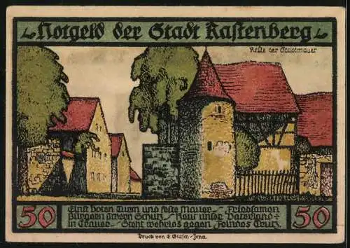 Notgeld Rastenberg 1921, 50 Pfennig, Stadtwappen mit Ritter, Reste der Stadtmauer