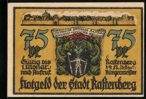 Notgeld Rastenberg 1921, 75 Pfennig, Stadtwappen, Ritter und Bauern