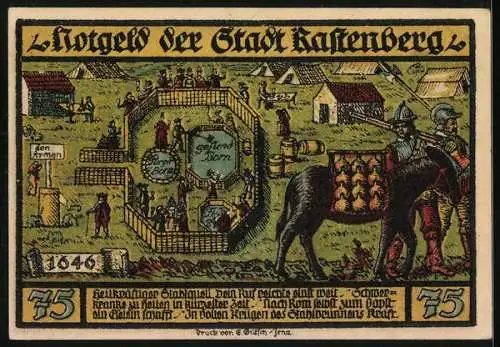 Notgeld Rastenberg 1921, 75 Pfennig, Stadtwappen, Ritter und Bauern