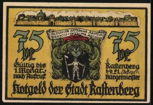 Notgeld Rastenberg 1921, 75 Pfennig, Raspenburg 1321, Ritter in Rüstung, Stadtwappen