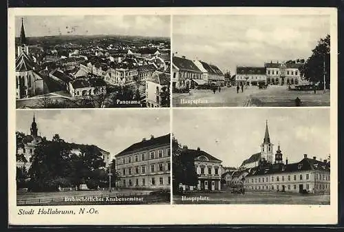 AK Hollabrunn, Panorama, Hauptplatz, Erzbischöfliches Knabenseminar