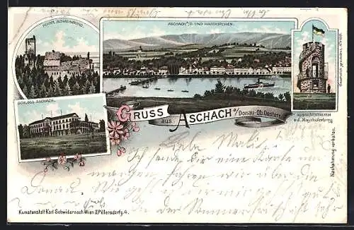 Lithographie Aschach a. Donau, Ruine Schaunburg, Aussichtsturm auf dem Mayrhoferberg, Ortsansicht mit Hartkirchen