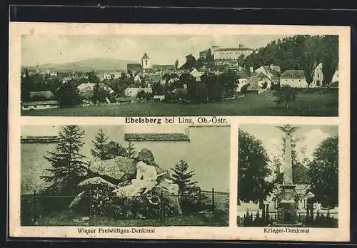 AK Ebelsberg, Wiener Freiwilligen-Denkmal, Kriegerdenkmal und Gesamtansicht