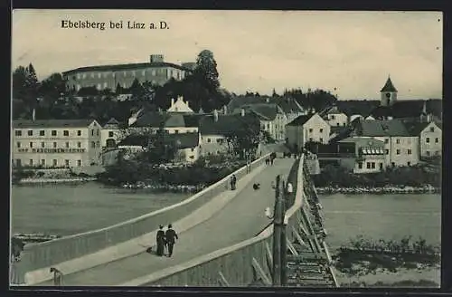 AK Ebelsberg bei Linz, Uferpartie mit Brücke