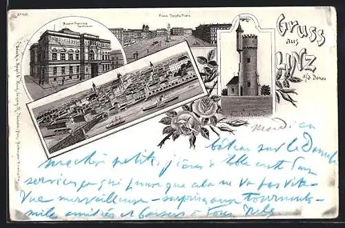 Lithographie Linz, Franz-Josefs-Platz, Dampfer, Museum Franziska Carolineum