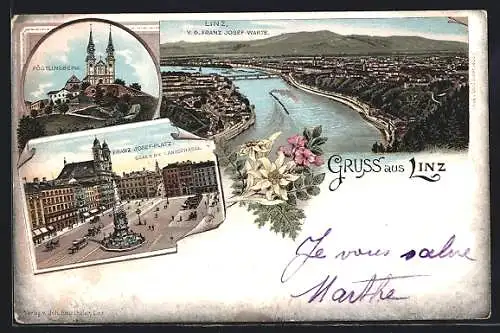 Lithographie Linz, Ortsansicht, Pöstlingberg, Franz-Josef Platz